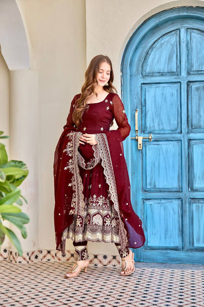 Luxury Embroidered Anarkali Suit Set with Heavy Border Dupatta (3 Color Options)