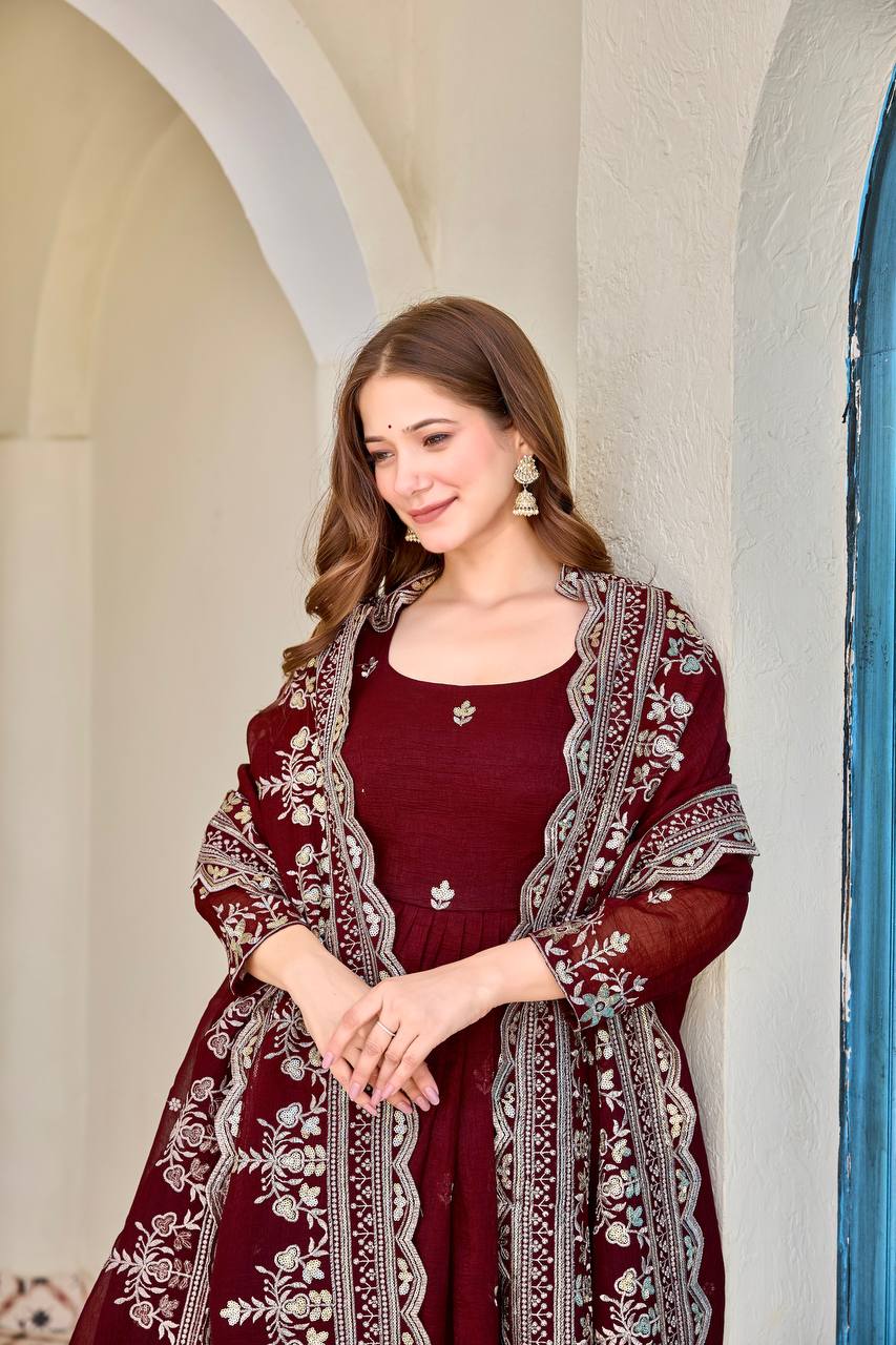 Luxury Embroidered Anarkali Suit Set with Heavy Border Dupatta (3 Color Options)