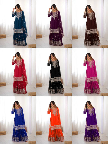 Designer Heavy Embroidered Kurta Sharara Suit Set with Dupatta | 10 Color Options
