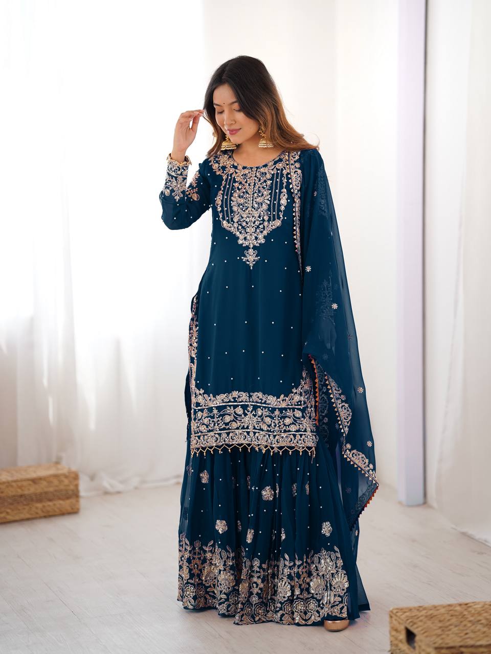 Designer Heavy Embroidered Kurta Sharara Suit Set with Dupatta | 10 Color Options