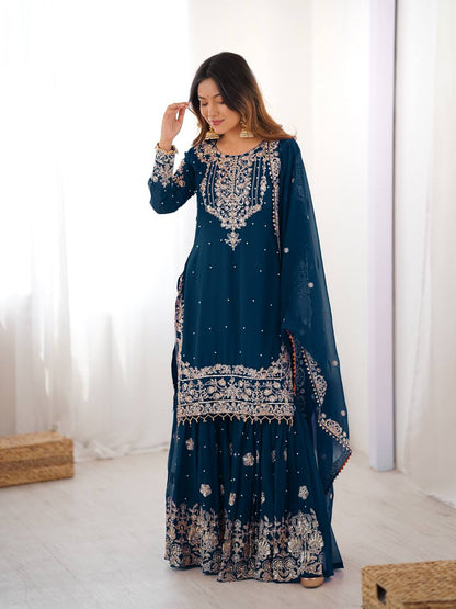 Designer Heavy Embroidered Kurta Sharara Suit Set with Dupatta | 10 Color Options
