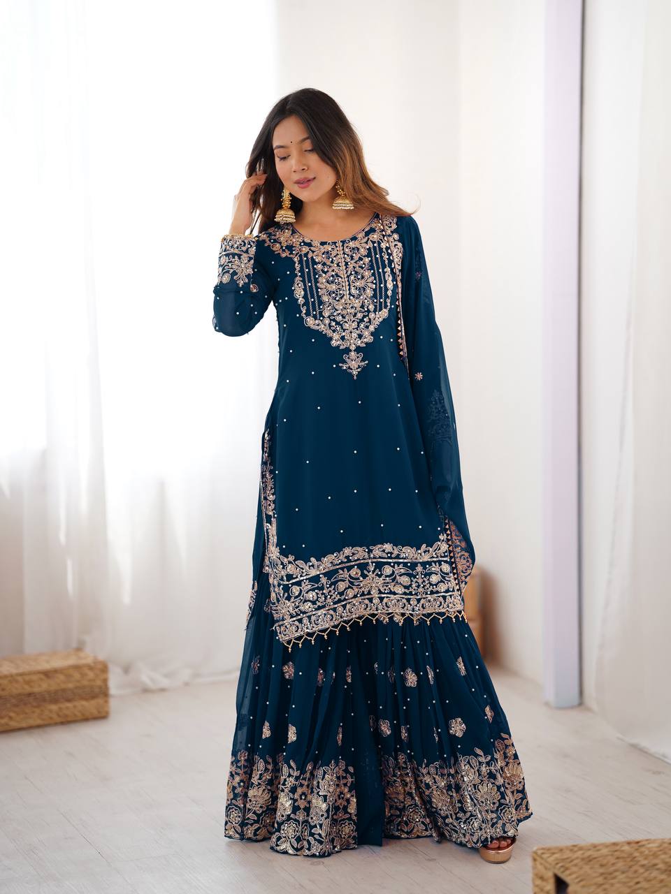 Designer Heavy Embroidered Kurta Sharara Suit Set with Dupatta | 10 Color Options