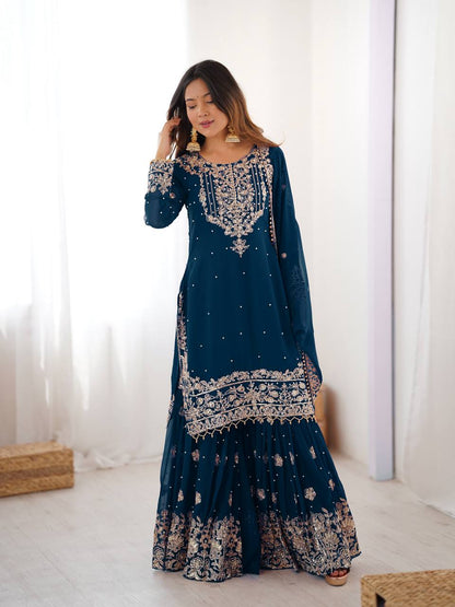 Designer Heavy Embroidered Kurta Sharara Suit Set with Dupatta | 10 Color Options