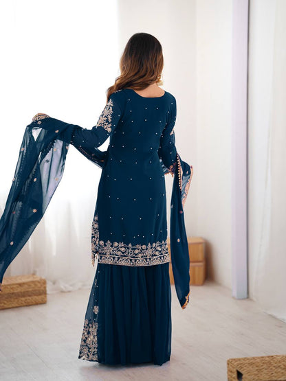 Designer Heavy Embroidered Kurta Sharara Suit Set with Dupatta | 10 Color Options