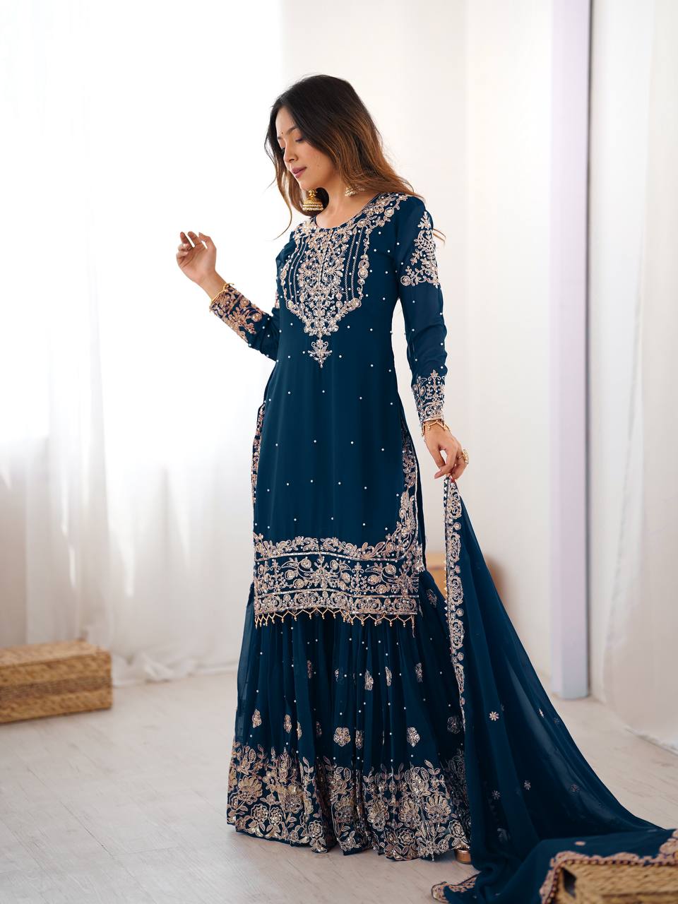 Designer Heavy Embroidered Kurta Sharara Suit Set with Dupatta | 10 Color Options