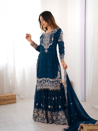 Designer Heavy Embroidered Kurta Sharara Suit Set with Dupatta | 10 Color Options