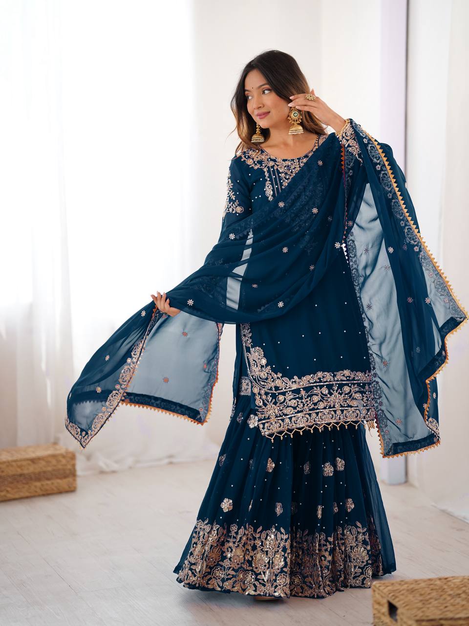 Designer Heavy Embroidered Kurta Sharara Suit Set with Dupatta | 10 Color Options