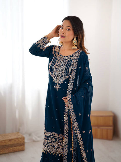Designer Heavy Embroidered Kurta Sharara Suit Set with Dupatta | 10 Color Options