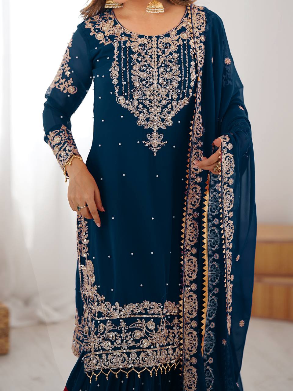 Designer Heavy Embroidered Kurta Sharara Suit Set with Dupatta | 10 Color Options