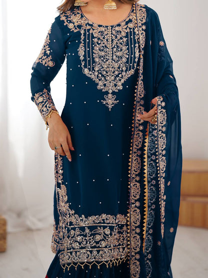 Designer Heavy Embroidered Kurta Sharara Suit Set with Dupatta | 10 Color Options