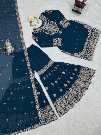 Designer Heavy Embroidered Kurta Sharara Suit Set with Dupatta | 10 Color Options