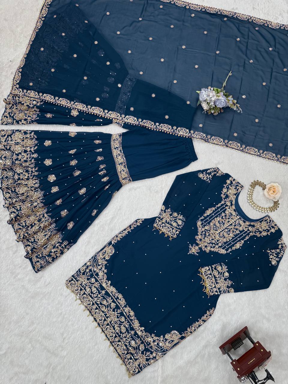 Designer Heavy Embroidered Kurta Sharara Suit Set with Dupatta | 10 Color Options