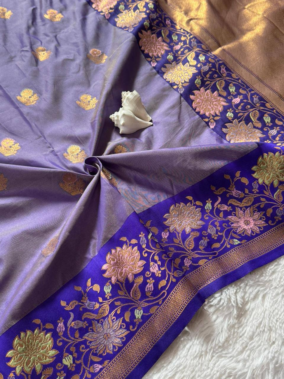 Royal Iris Purple Premium Luxury Silk Saree with Antique Gold Butti & Multicolour Floral Zari Border