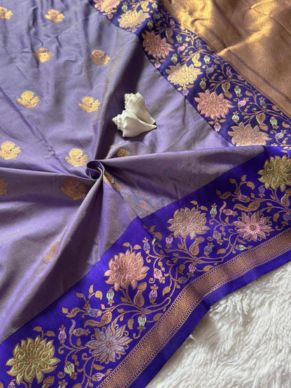 Royal Iris Purple Premium Luxury Silk Saree with Antique Gold Butti & Multicolour Floral Zari Border