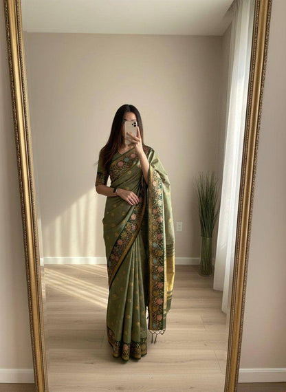 Verdant Olive Green Premium Luxury Silk Saree with Antique Gold Butti & Multicolour Floral Zari Border
