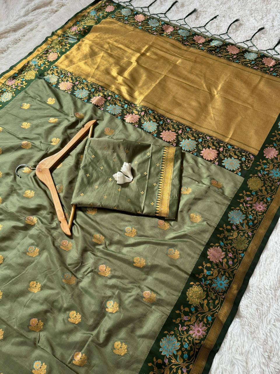 Verdant Olive Green Premium Luxury Silk Saree with Antique Gold Butti & Multicolour Floral Zari Border