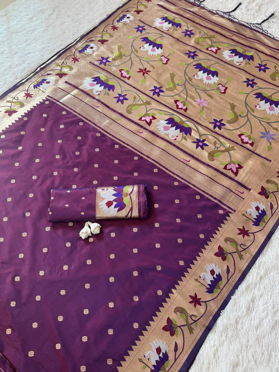 Royal Plum Purple Premium Luxury Silk Saree with Multicolour Floral Meenakari Border & Gold Zari Butti