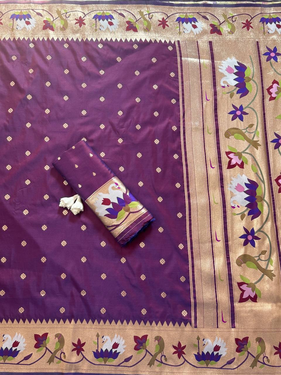 Royal Plum Purple Premium Luxury Silk Saree with Multicolour Floral Meenakari Border & Gold Zari Butti