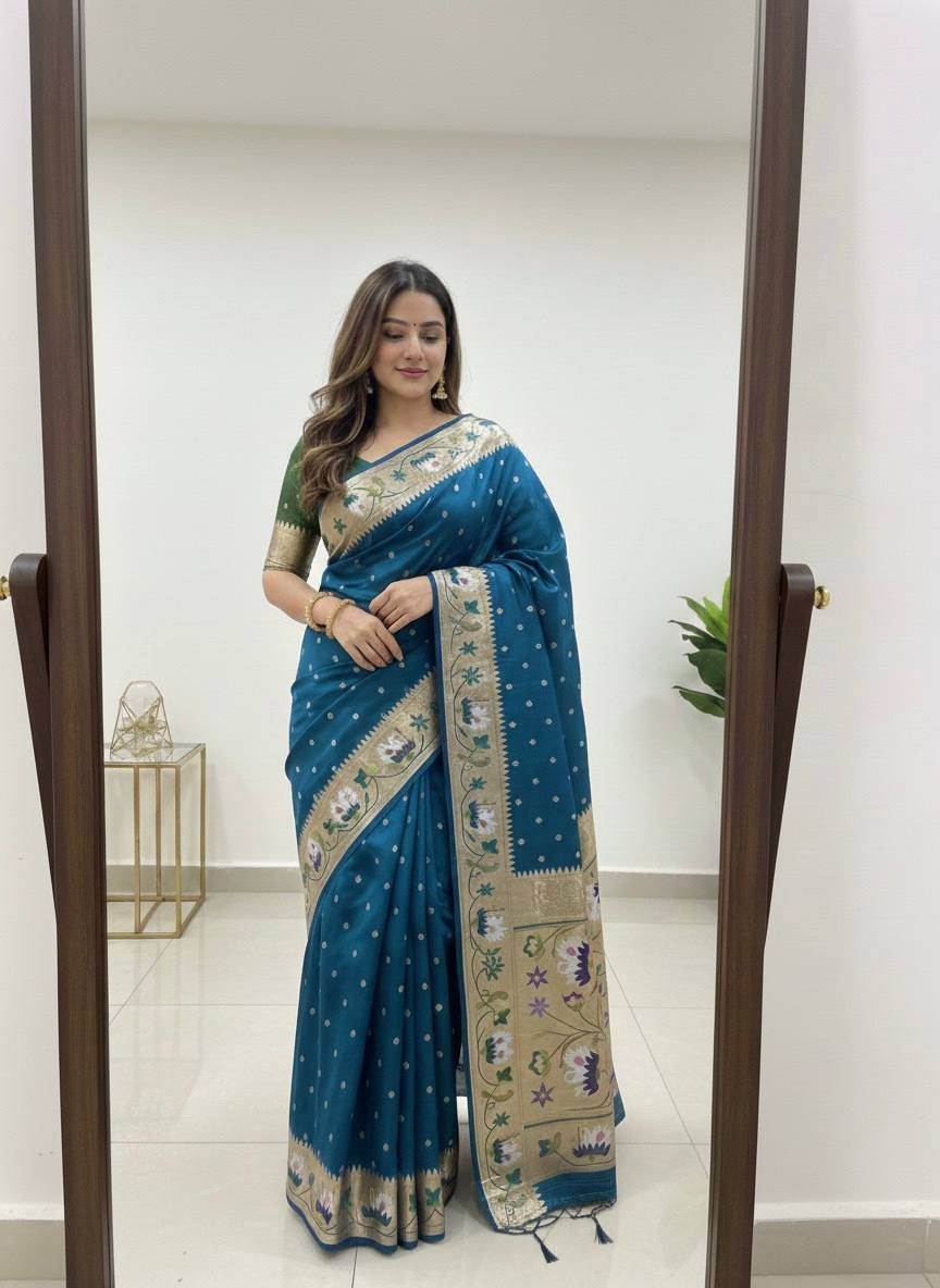 Royal Teal Blue Premium Luxury Silk Saree with Multicolour Meenakari Floral Border & Gold Zari Butti