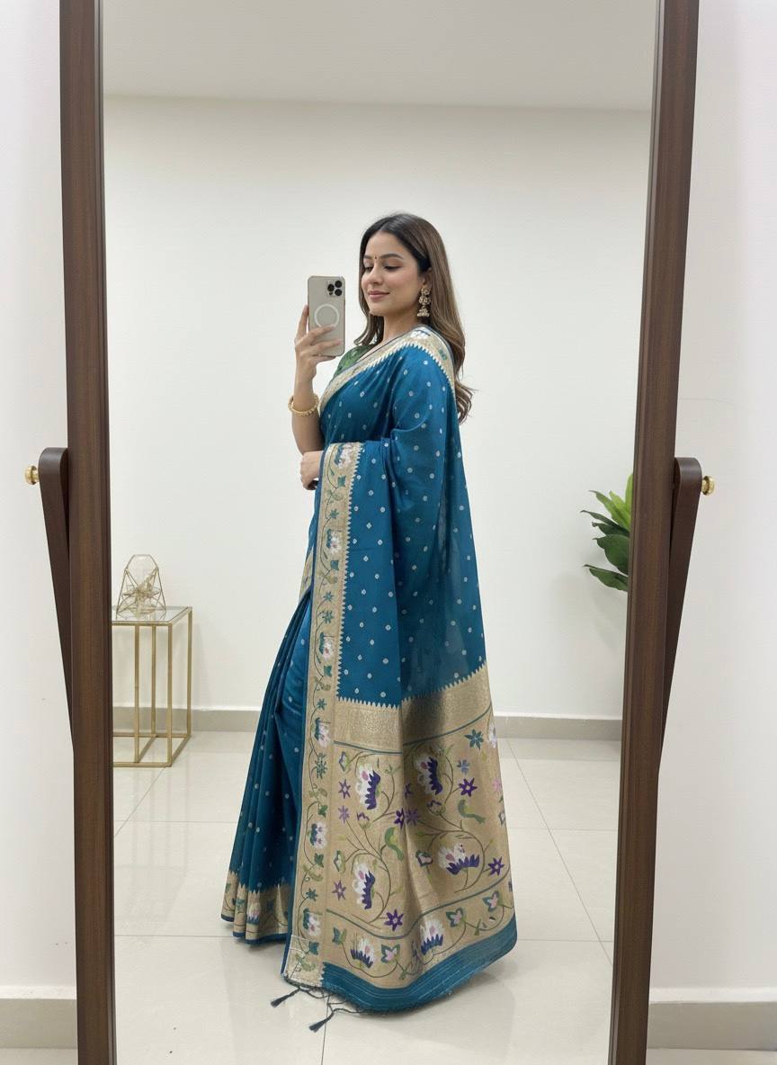 Royal Teal Blue Premium Luxury Silk Saree with Multicolour Meenakari Floral Border & Gold Zari Butti