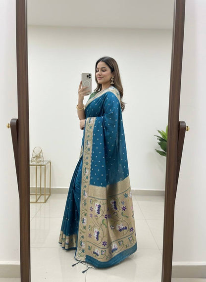 Royal Teal Blue Premium Luxury Silk Saree with Multicolour Meenakari Floral Border & Gold Zari Butti