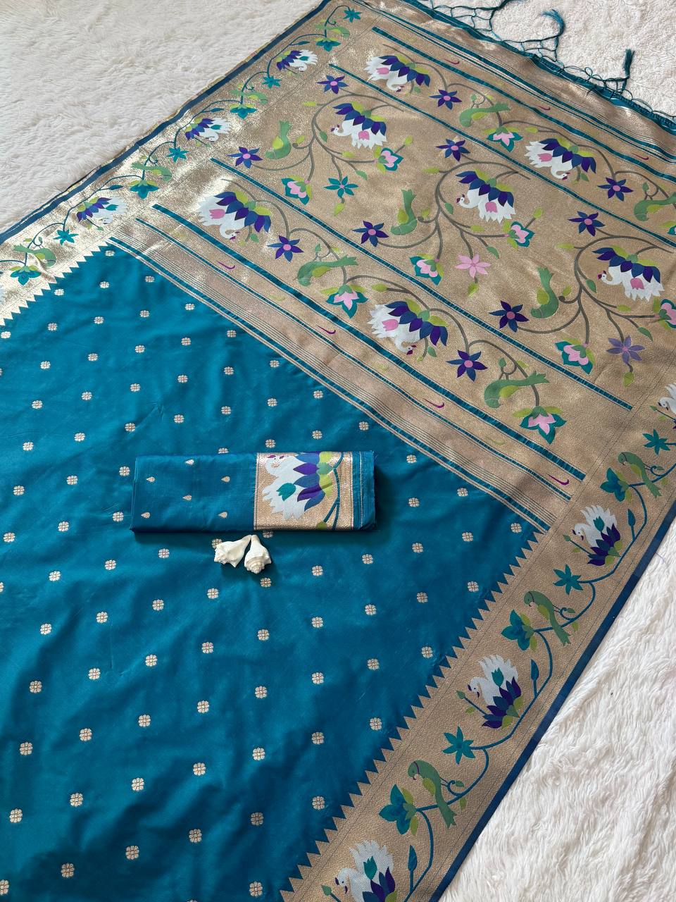 Royal Teal Blue Premium Luxury Silk Saree with Multicolour Meenakari Floral Border & Gold Zari Butti