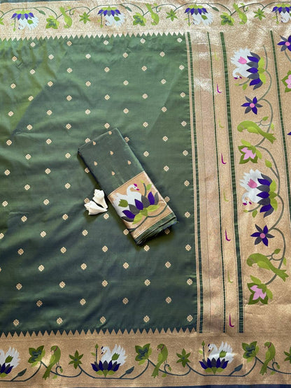 Regal Forest Green Premium Luxury Silk Saree with Multicolour Meenakari Floral Border & Gold Zari Butti