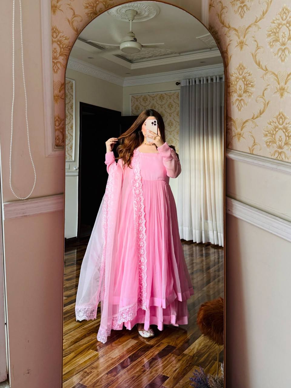 Blush Pink Luxe Anarkali Suit Set with Elegant Border Dupatta