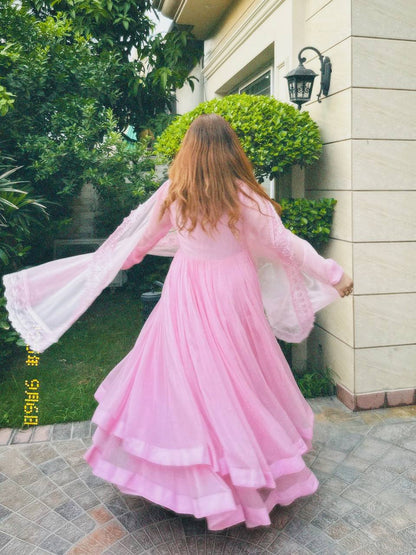 Blush Pink Luxe Anarkali Suit Set with Elegant Border Dupatta