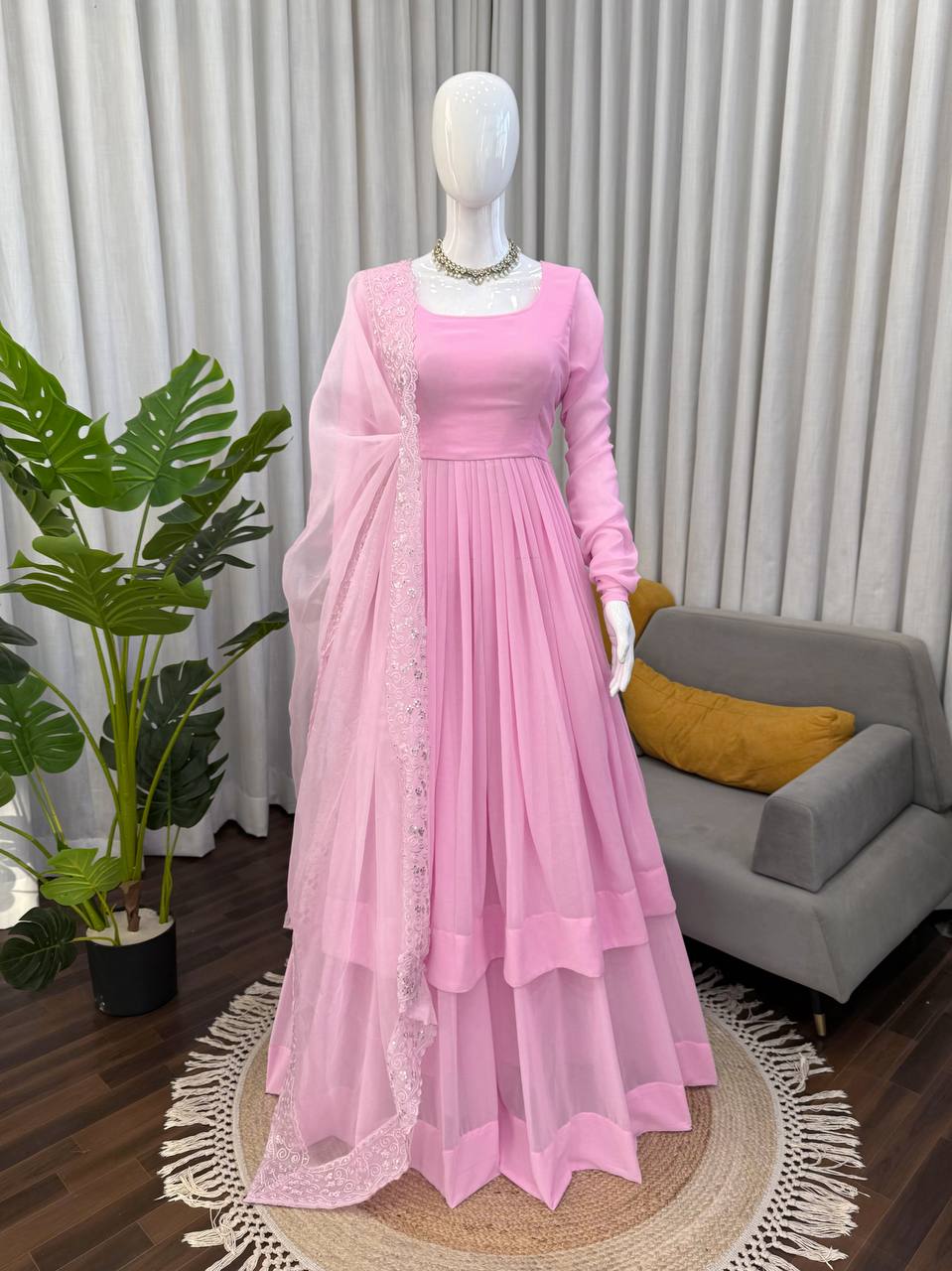 Blush Pink Luxe Anarkali Suit Set with Elegant Border Dupatta