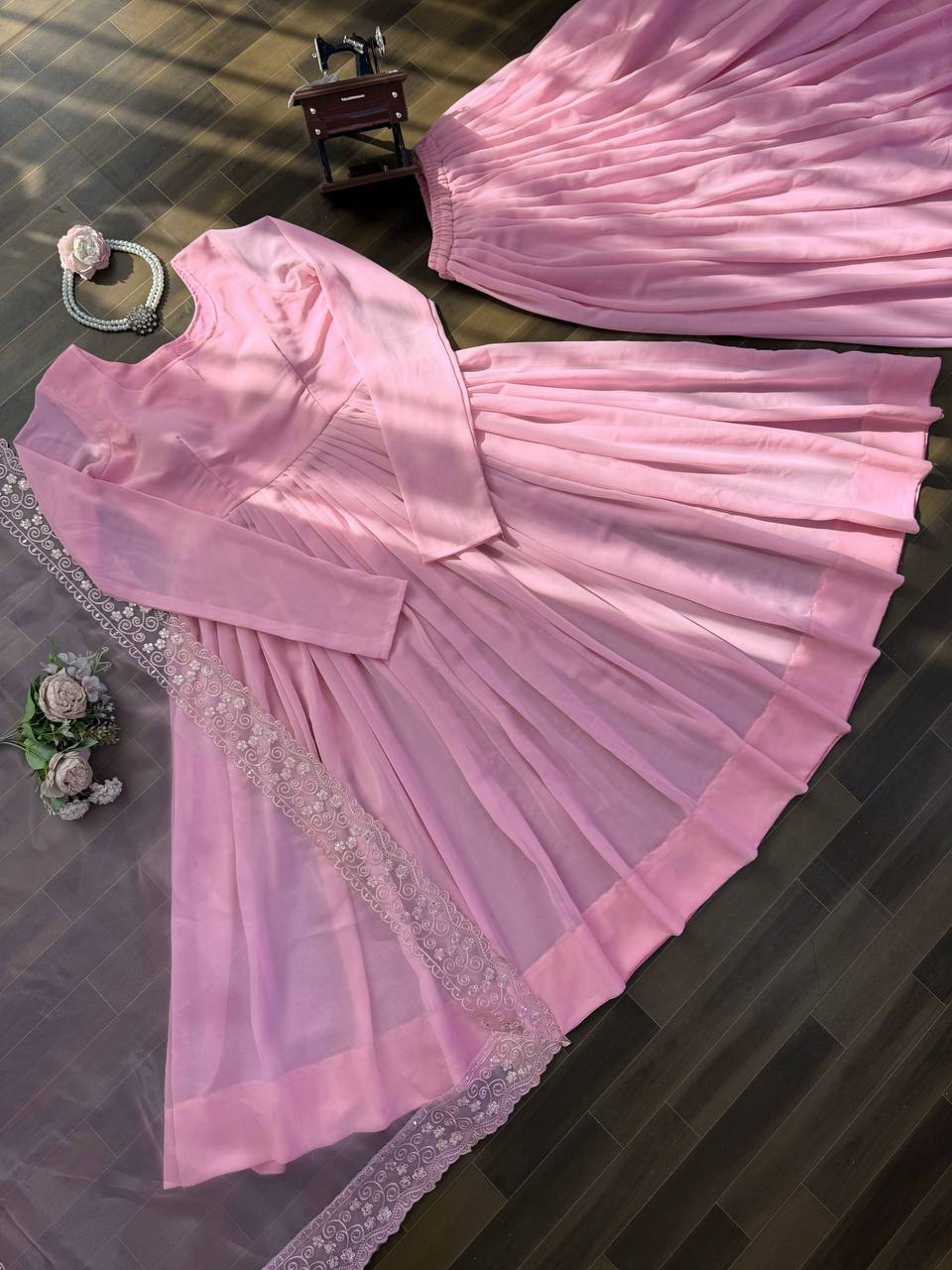 Blush Pink Luxe Anarkali Suit Set with Elegant Border Dupatta