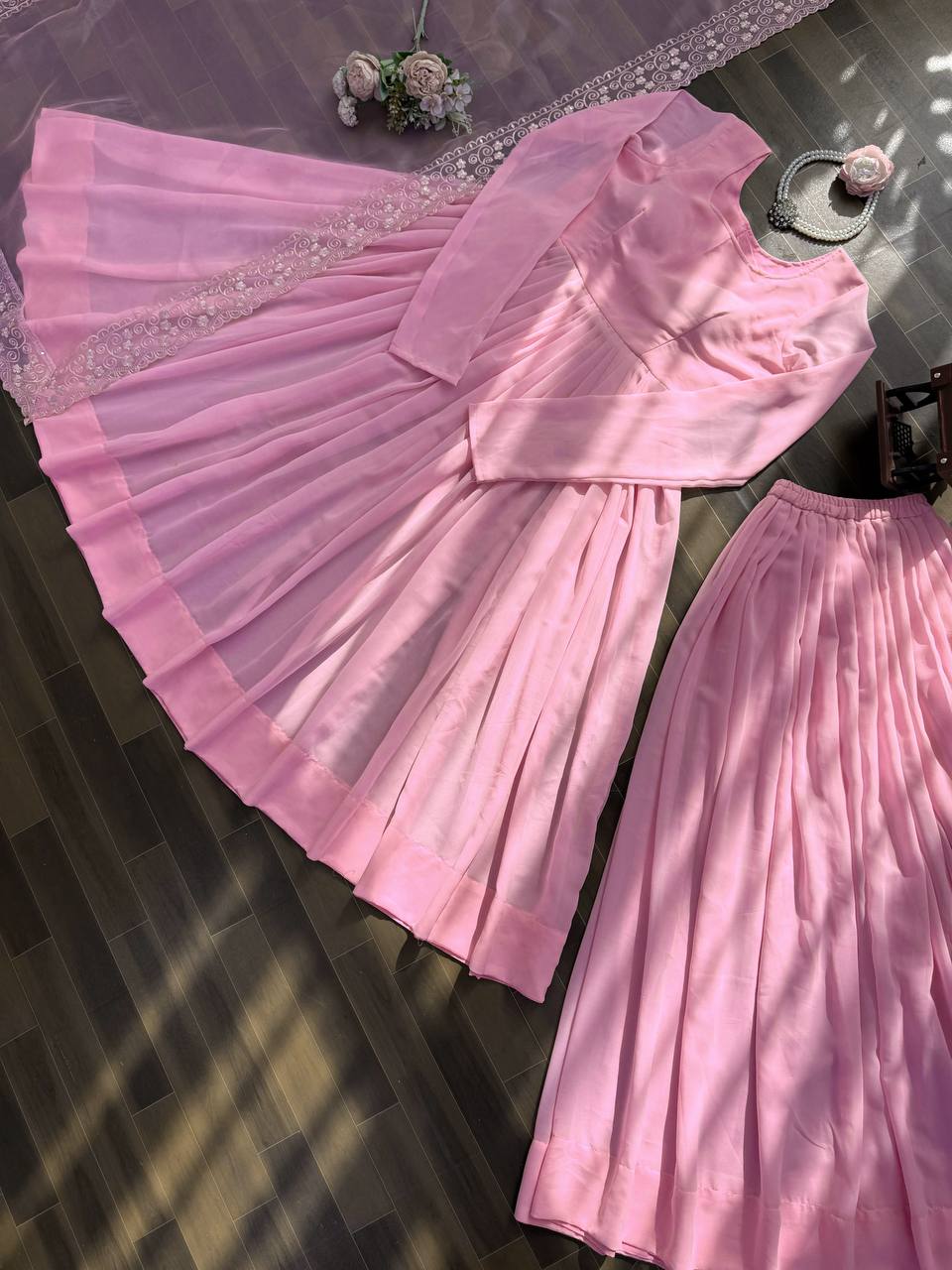 Blush Pink Luxe Anarkali Suit Set with Elegant Border Dupatta