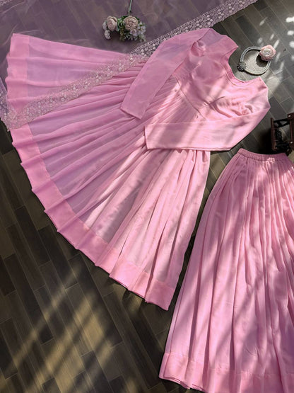 Blush Pink Luxe Anarkali Suit Set with Elegant Border Dupatta