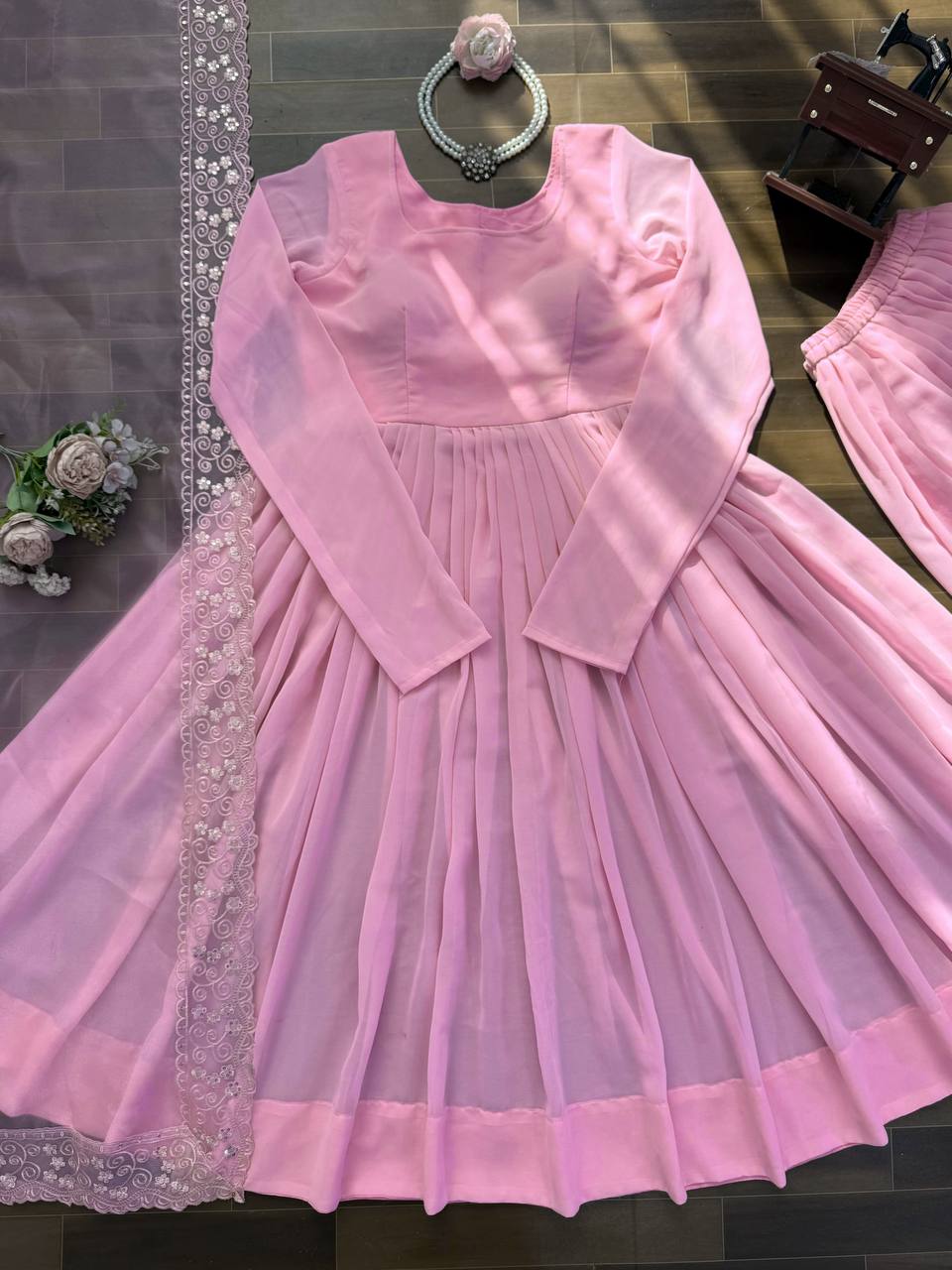 Blush Pink Luxe Anarkali Suit Set with Elegant Border Dupatta