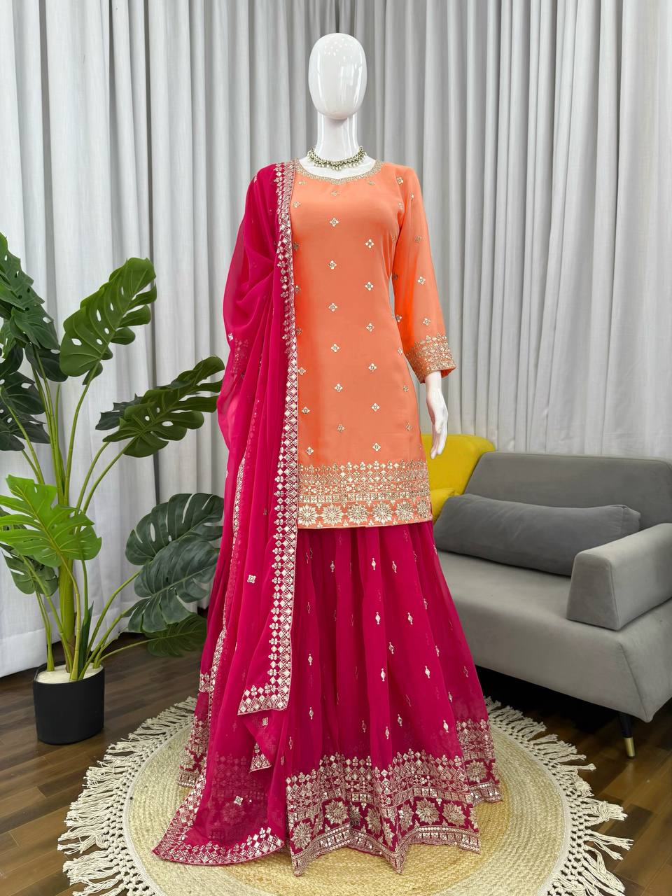 Royal Peach Luxury Embroidered Anarkali Suit Set with Heavy Border Dupatta