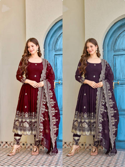Luxury Embroidered Anarkali Suit Set with Heavy Border Dupatta (3 Color Options)
