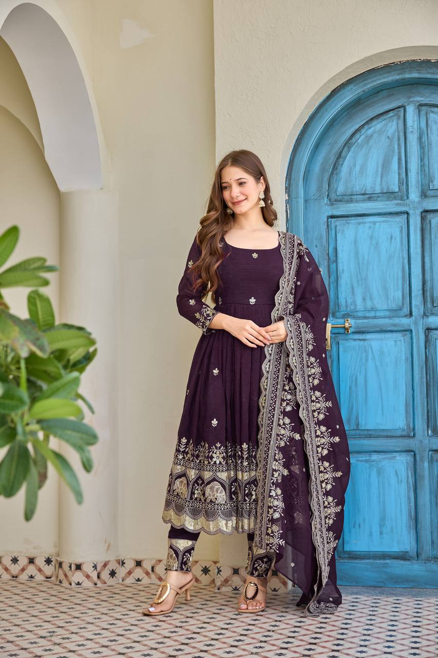 Luxury Embroidered Anarkali Suit Set with Heavy Border Dupatta (3 Color Options)