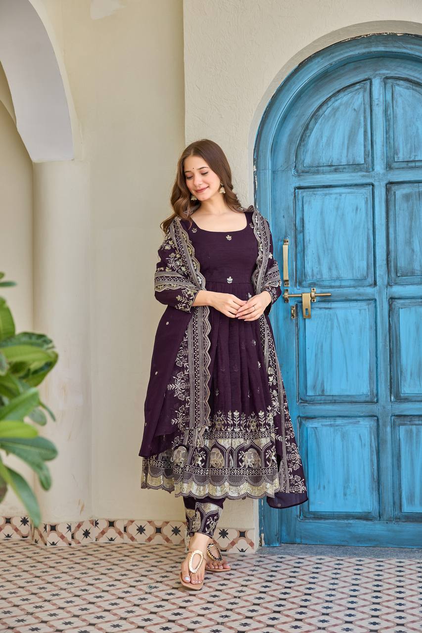Luxury Embroidered Anarkali Suit Set with Heavy Border Dupatta (3 Color Options)
