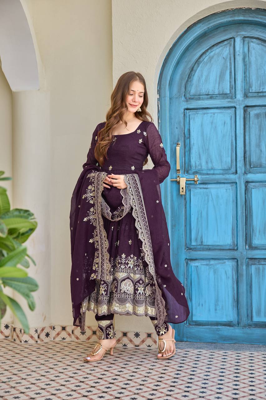 Luxury Embroidered Anarkali Suit Set with Heavy Border Dupatta (3 Color Options)