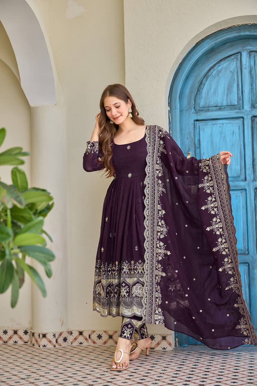 Luxury Embroidered Anarkali Suit Set with Heavy Border Dupatta (3 Color Options)
