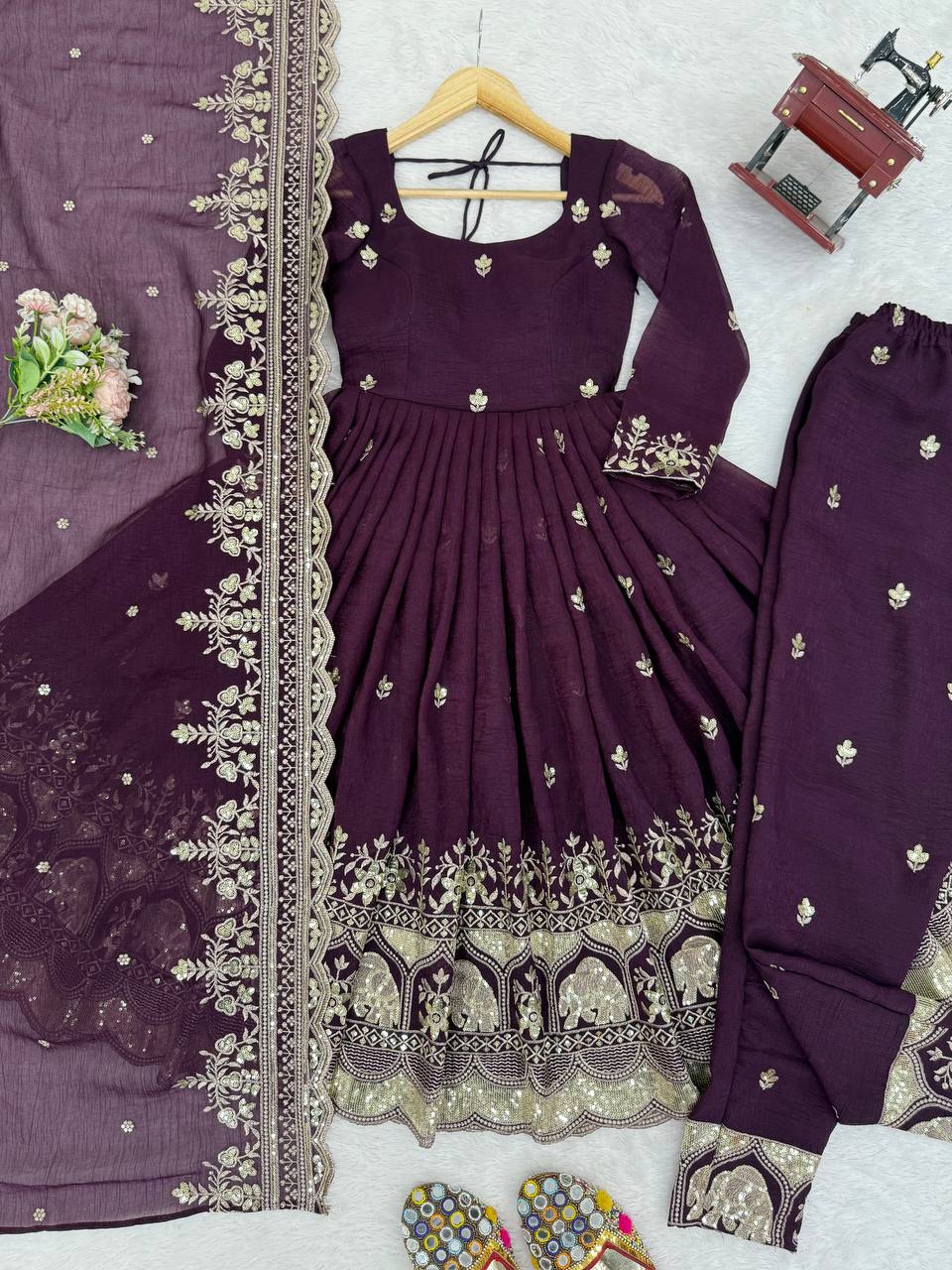 Luxury Embroidered Anarkali Suit Set with Heavy Border Dupatta (3 Color Options)