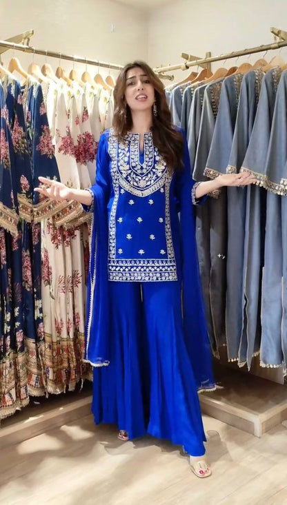 Royal Blue Embroidered Anarkali Suit Set with Statement Dupatta