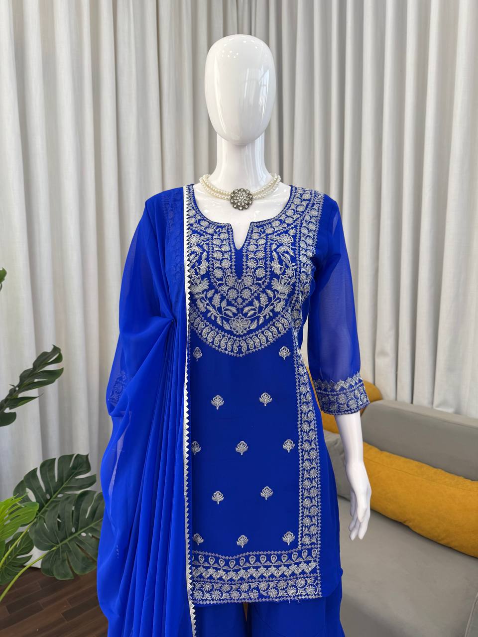 Royal Blue Embroidered Anarkali Suit Set with Statement Dupatta