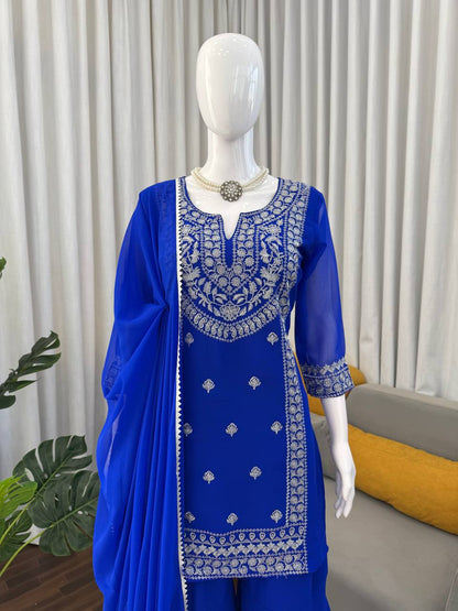 Royal Blue Embroidered Anarkali Suit Set with Statement Dupatta