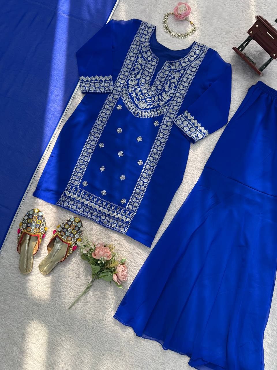 Royal Blue Embroidered Anarkali Suit Set with Statement Dupatta