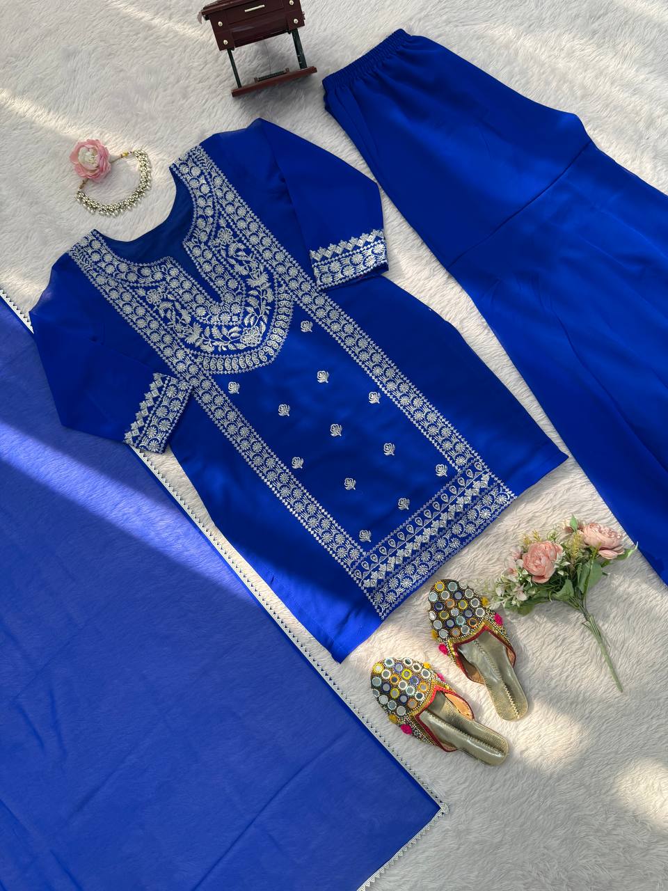 Royal Blue Embroidered Anarkali Suit Set with Statement Dupatta