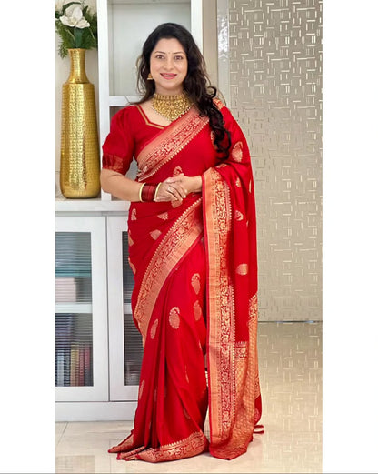 Bhavika– Banarasi Soft Silk Saree in Red