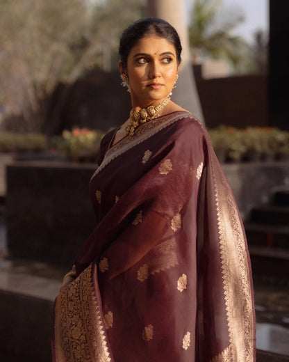 Praveena - Maroon Organza Silk Saree with Floral Zari Motifs and Brocade Border