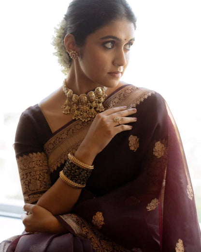 Praveena - Maroon Organza Silk Saree with Floral Zari Motifs and Brocade Border