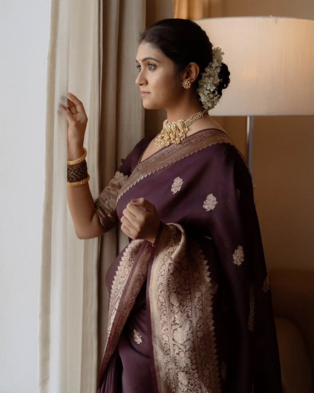 Praveena - Maroon Organza Silk Saree with Floral Zari Motifs and Brocade Border